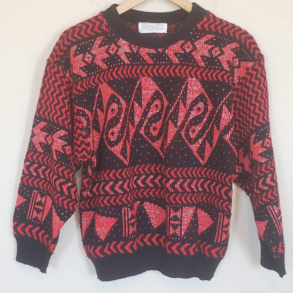 Glamour Knit Pullover Crew Sweater‎ Red and Black Vintage Women's Small Casual